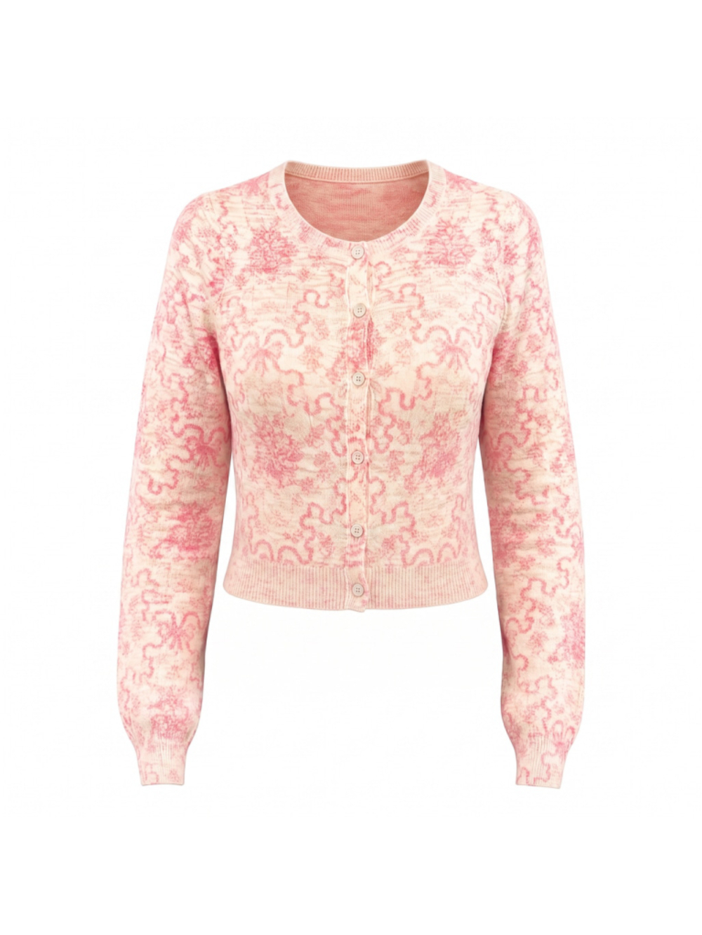 LoveShackFancy Veronika Bow Print Wool Cardigan Milk Rose Medium